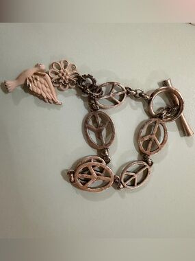 Lucky Brand Peace Sign Charm Bracelet with Wing and Flower Charms - Silver